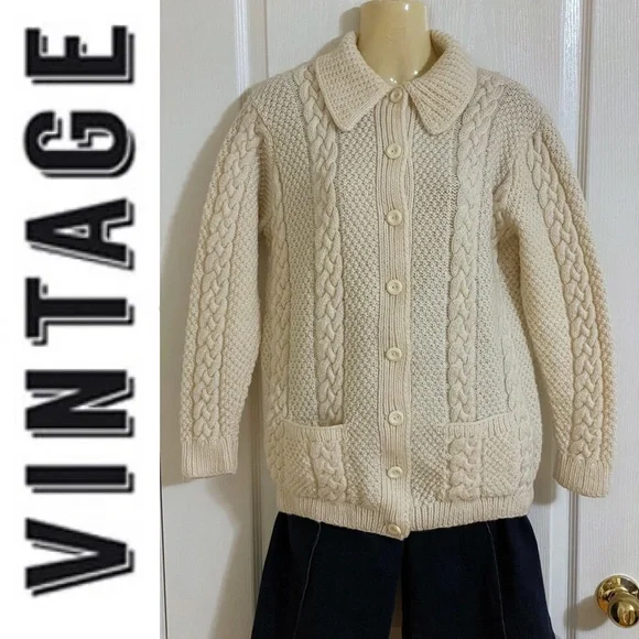 Hand knit Fishermen cable knit cream button-down cardigan chunky sweater - Picture 11 of 16